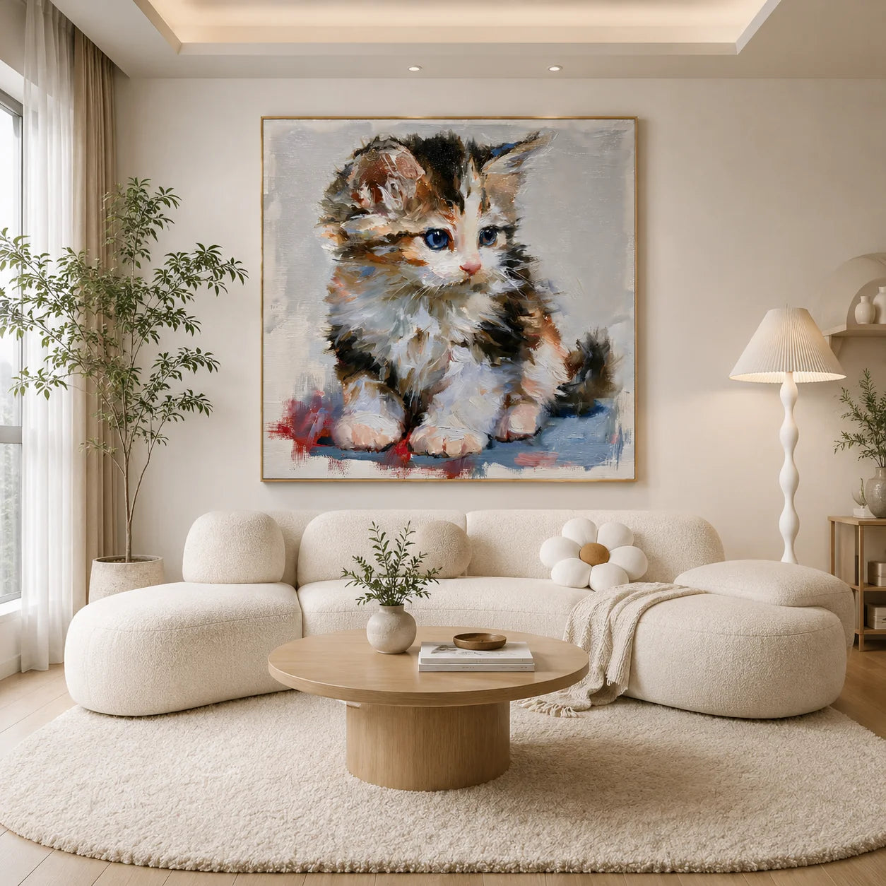 Blue-Eyed Kitten Hand-Painted Oil Painting | Cute Cat Portrait Wall Art for Living Room, Bedroom, and Nursery Decor