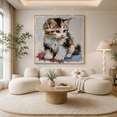 Blue-Eyed Kitten Hand-Painted Oil Painting | Cute Cat Portrait Wall Art for Living Room, Bedroom, and Nursery Decor # OA 1125