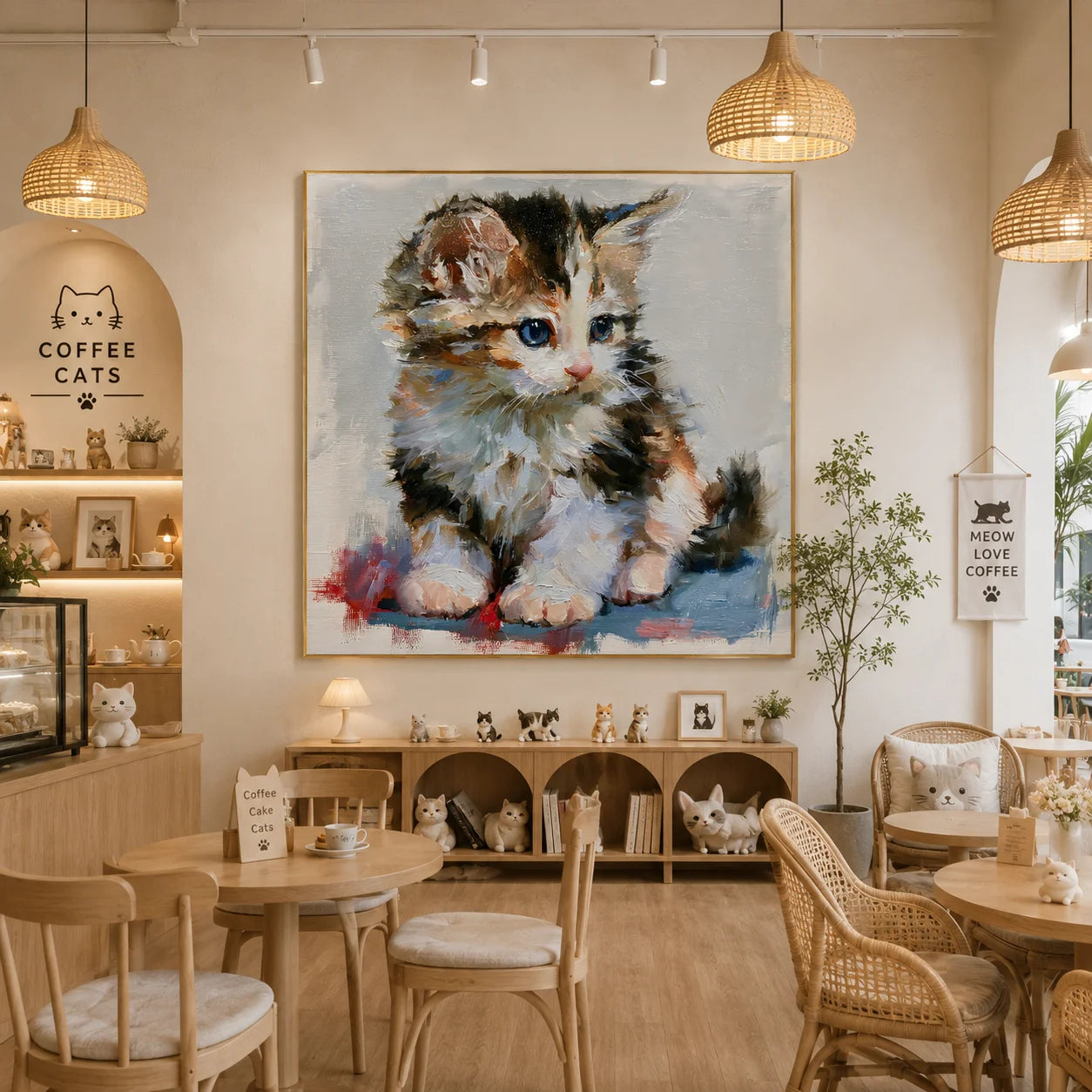 Blue-Eyed Kitten Hand-Painted Oil Painting | Cute Cat Portrait Wall Art for Living Room, Bedroom, and Nursery Decor