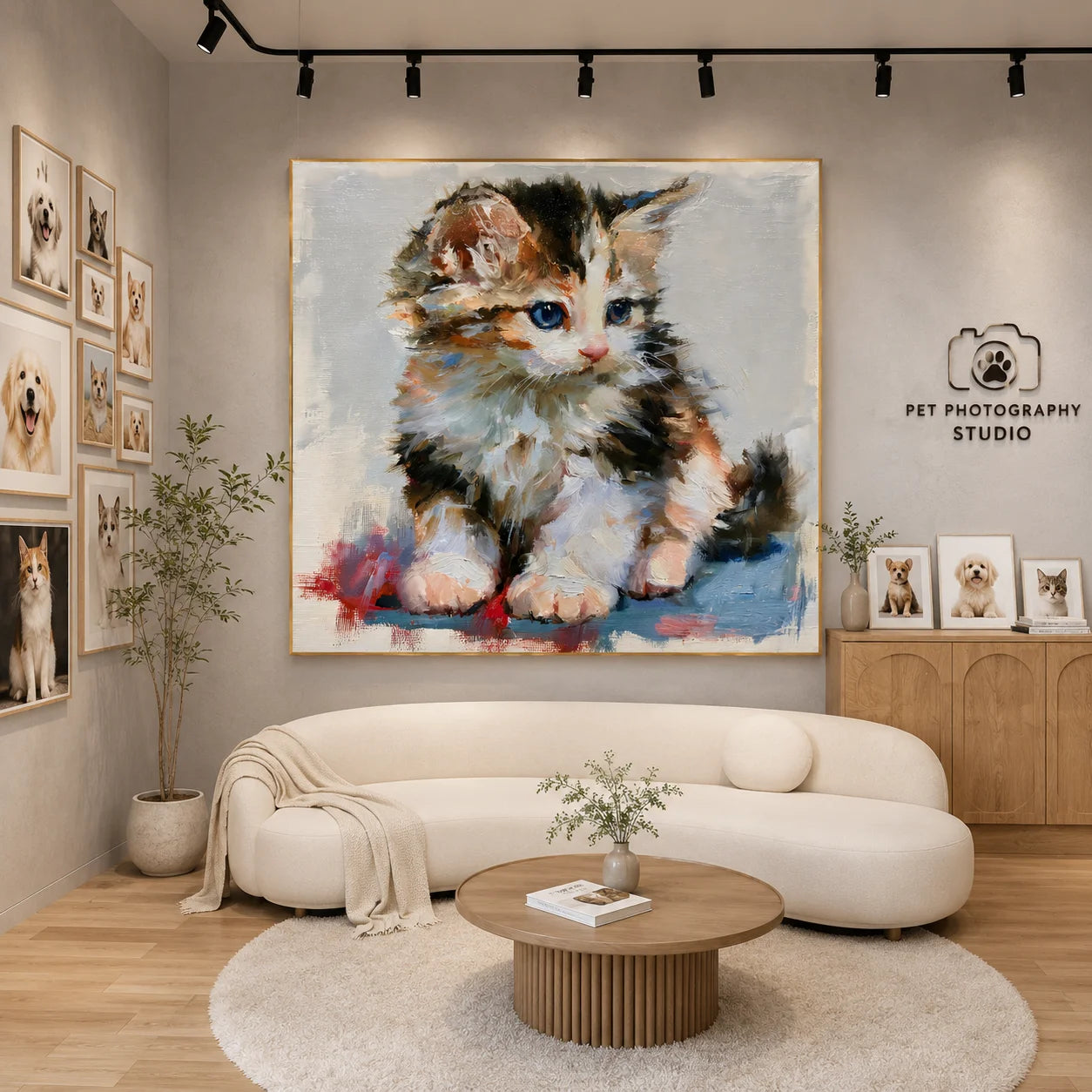 Blue-Eyed Kitten Hand-Painted Oil Painting | Cute Cat Portrait Wall Art for Living Room, Bedroom, and Nursery Decor