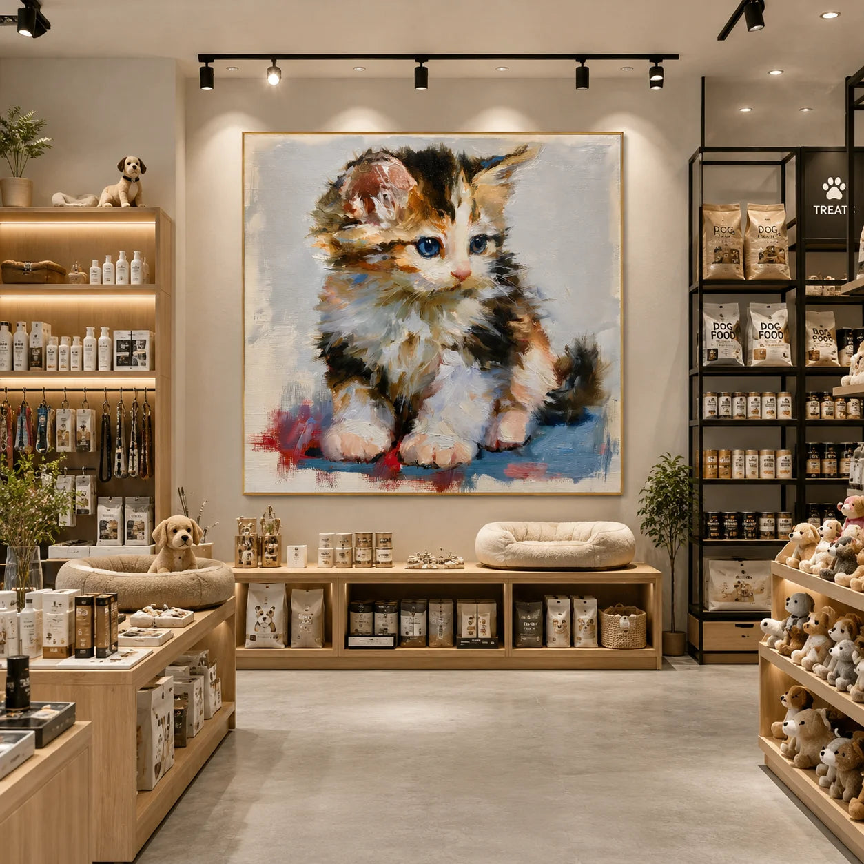 Blue-Eyed Kitten Hand-Painted Oil Painting | Cute Cat Portrait Wall Art for Living Room, Bedroom, and Nursery Decor