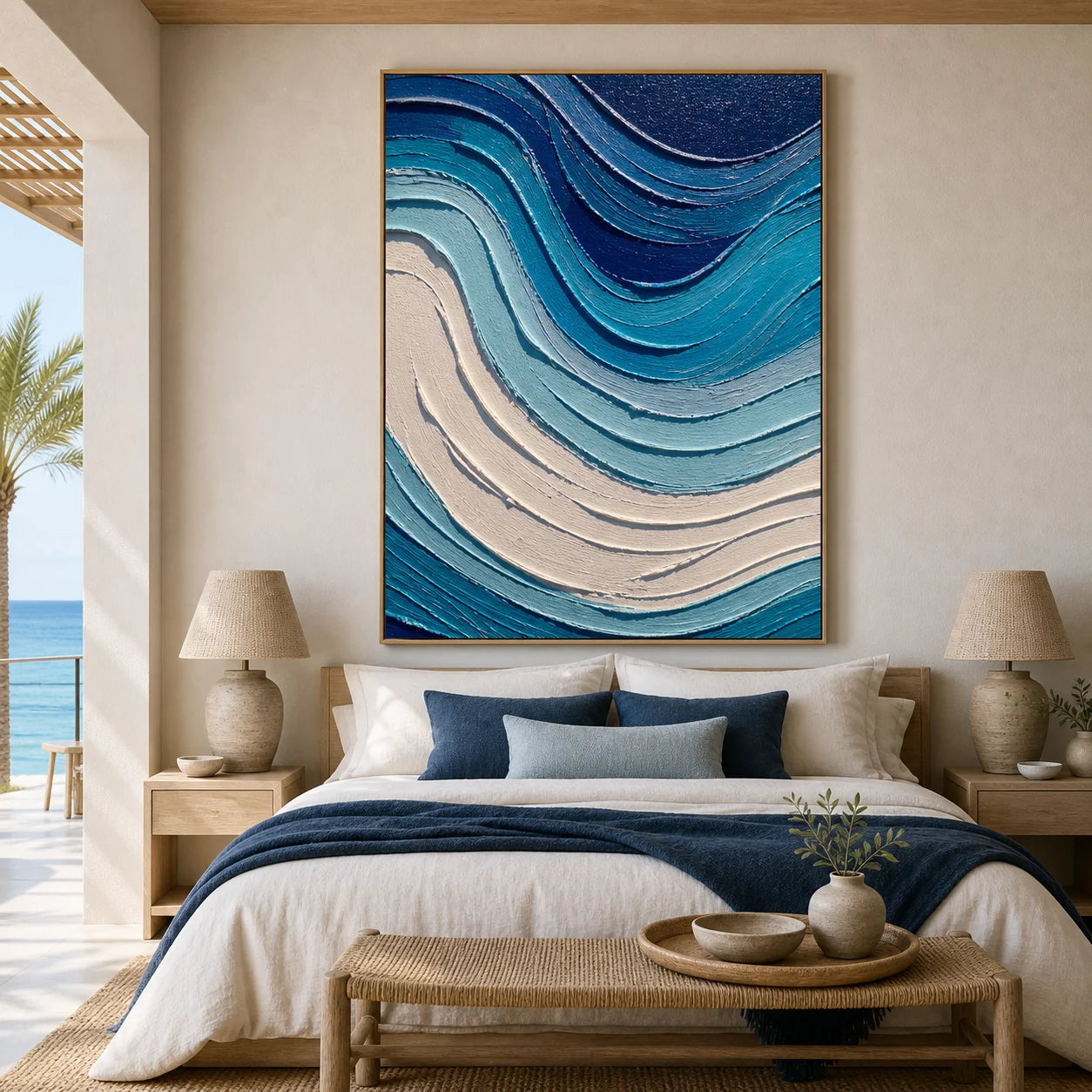 Blue Abstract Ocean Wave Textured Oil Painting, Hand-Painted Coastal Wall Art for Modern Living Room Decor OA # 1106