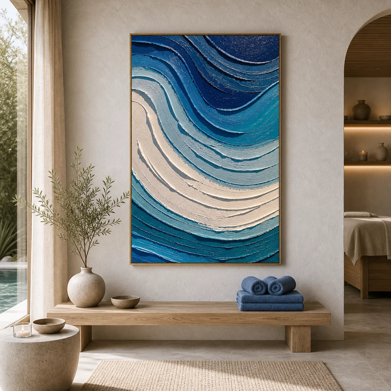 Blue Abstract Ocean Wave Textured Oil Painting, Hand-Painted Coastal Wall Art for Modern Living Room Decor OA # 1106