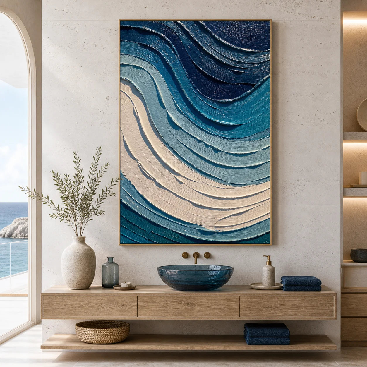 Blue Abstract Ocean Wave Textured Oil Painting, Hand-Painted Coastal Wall Art for Modern Living Room Decor OA # 1106