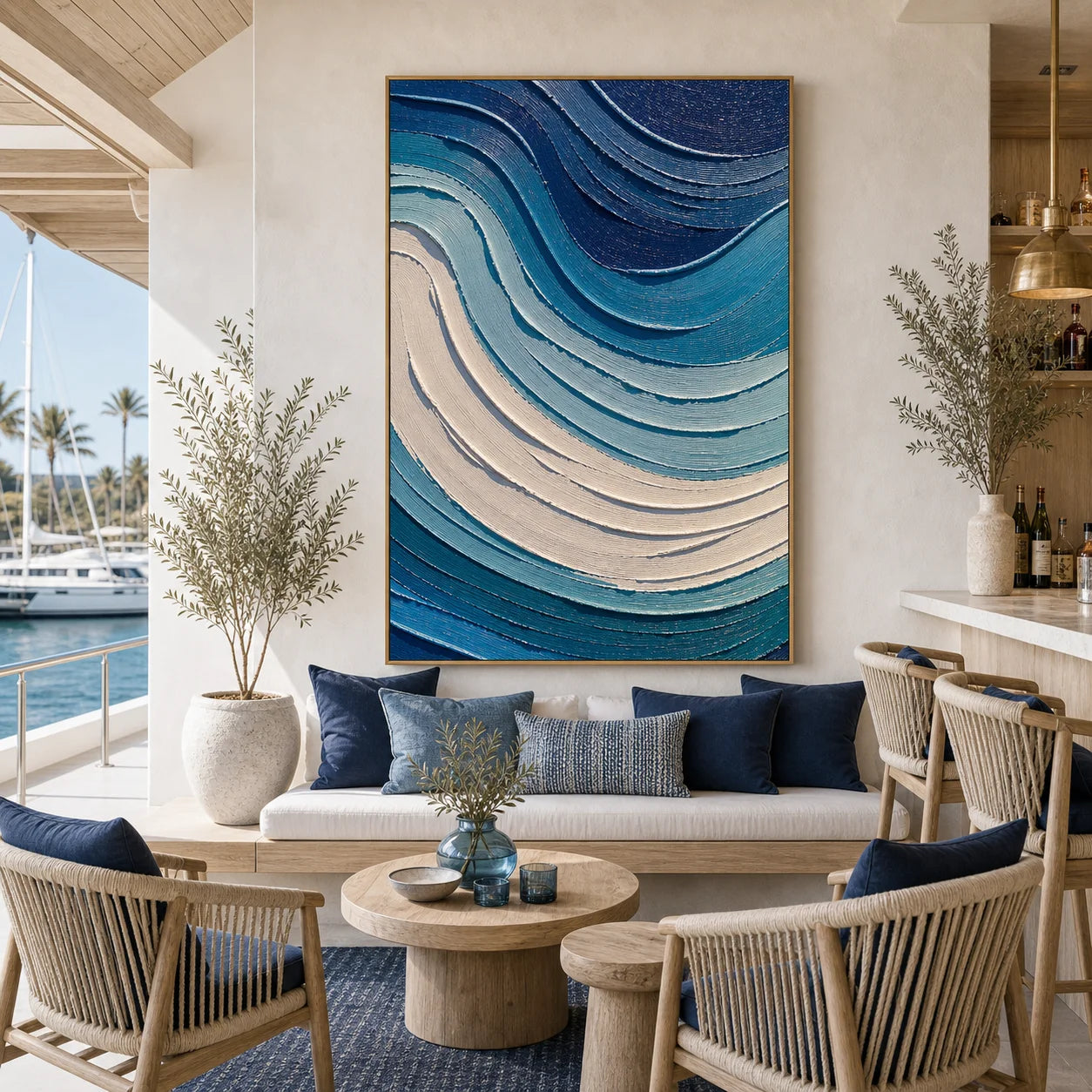 Blue Abstract Ocean Wave Textured Oil Painting, Hand-Painted Coastal Wall Art for Modern Living Room Decor OA # 1106