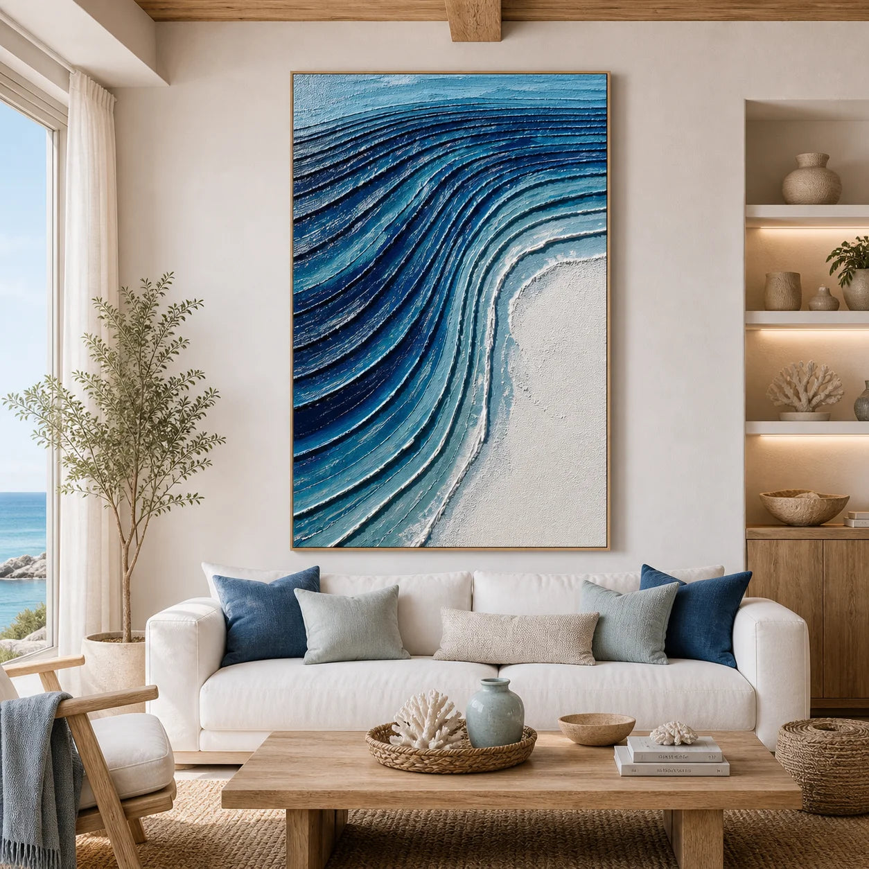 Blue Abstract Ocean Wave Textured Oil Painting | Hand-Painted Modern Coastal Wall Art for Living Room OA # 1105