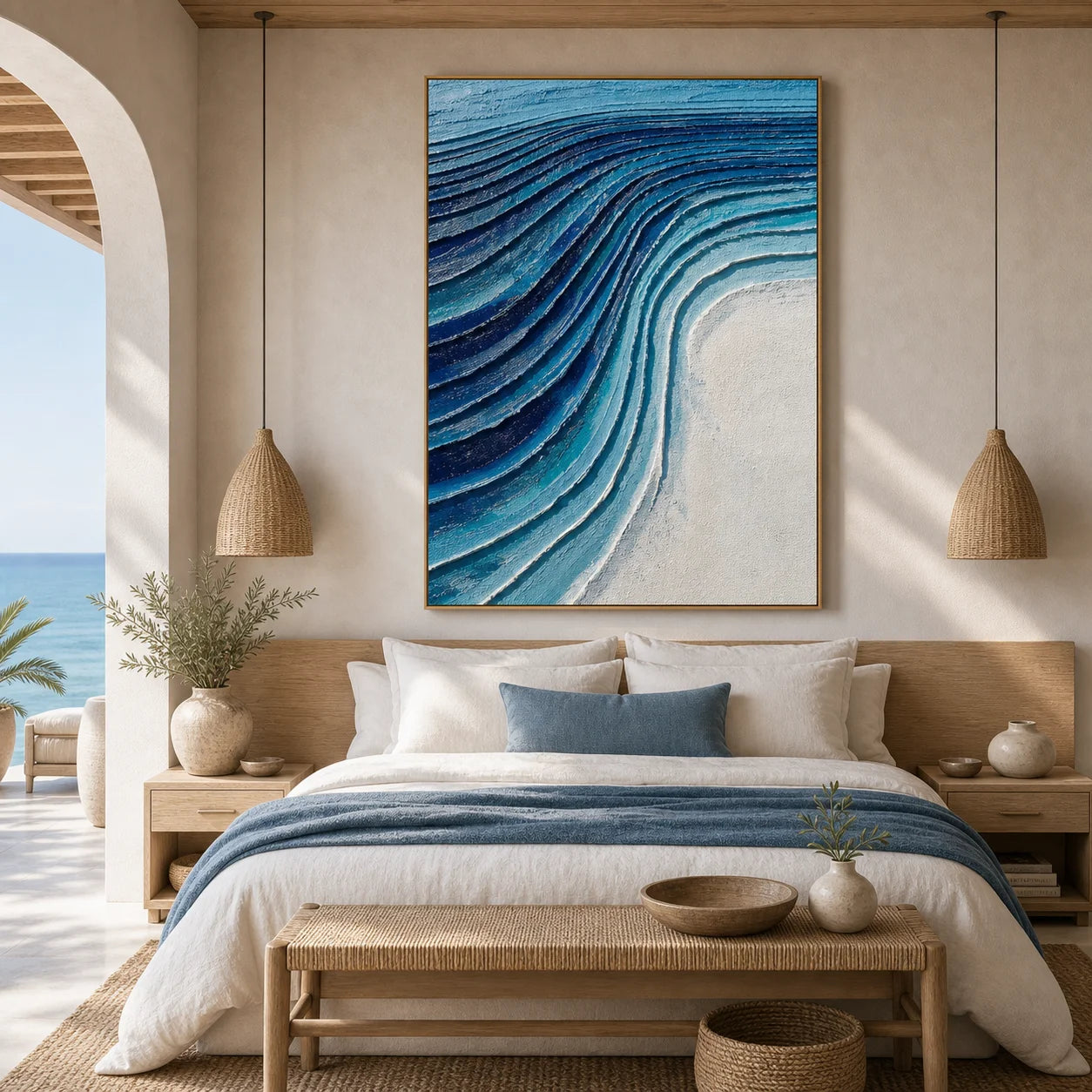 Blue Abstract Ocean Wave Textured Oil Painting | Hand-Painted Modern Coastal Wall Art for Living Room OA # 1105