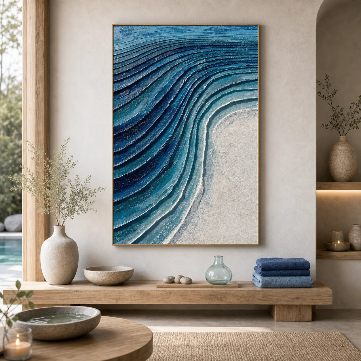 Blue Abstract Ocean Wave Textured Oil Painting | Hand-Painted Modern Coastal Wall Art for Living Room OA # 1105