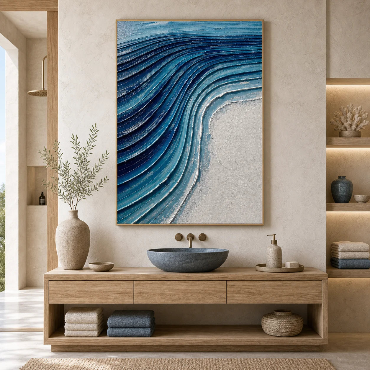 Blue Abstract Ocean Wave Textured Oil Painting | Hand-Painted Modern Coastal Wall Art for Living Room OA # 1105
