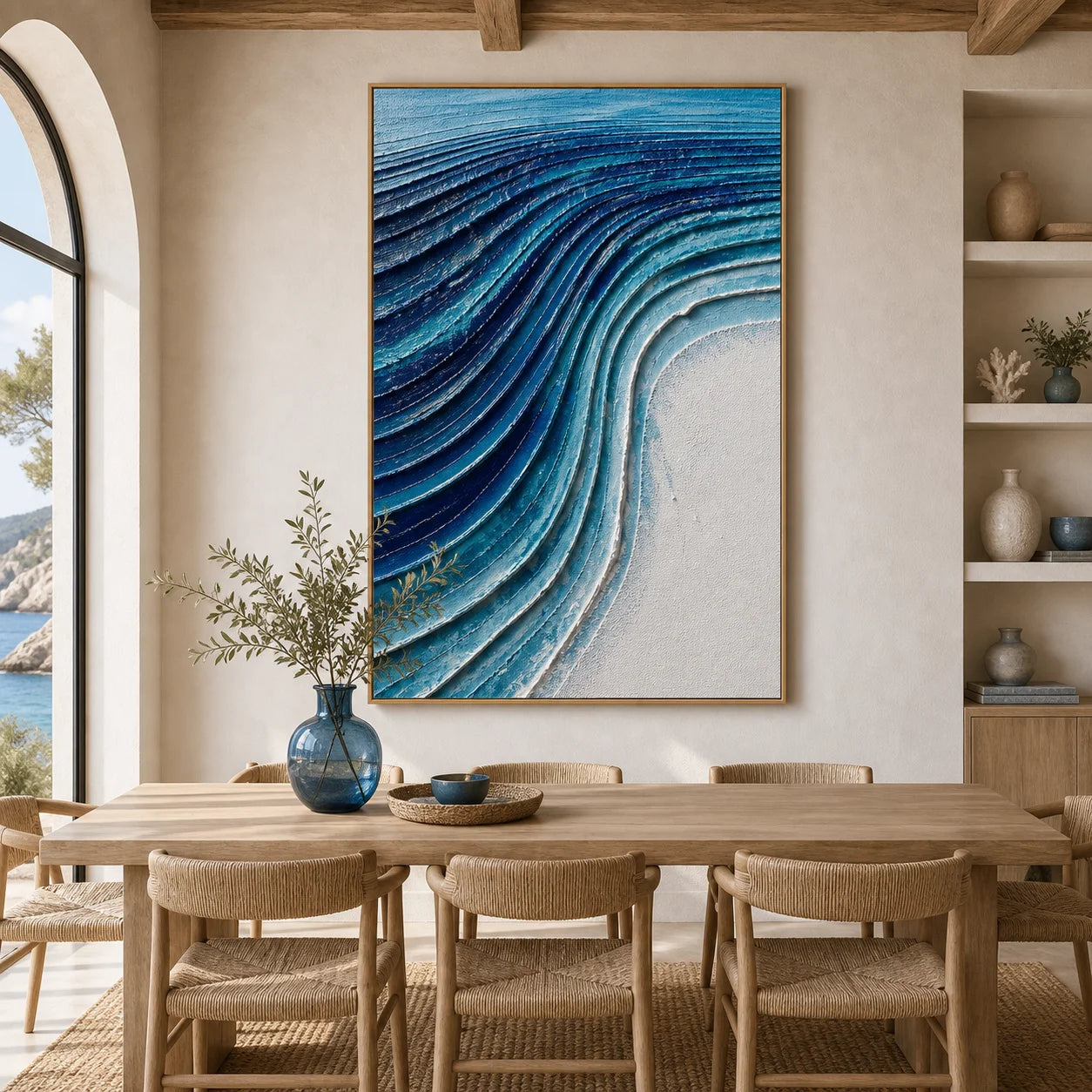 Blue Abstract Ocean Wave Textured Oil Painting | Hand-Painted Modern Coastal Wall Art for Living Room OA # 1105