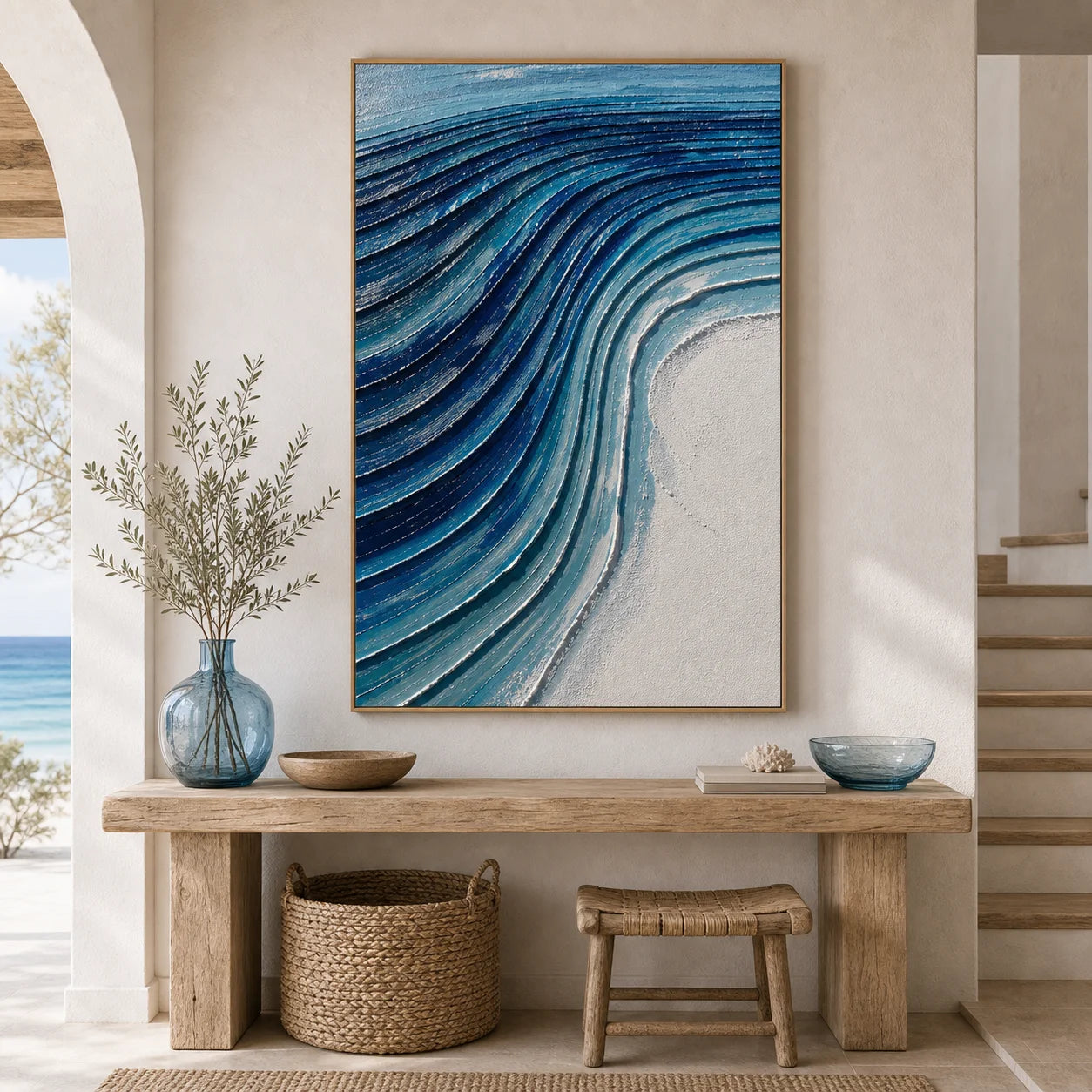 Blue Abstract Ocean Wave Textured Oil Painting | Hand-Painted Modern Coastal Wall Art for Living Room OA # 1105