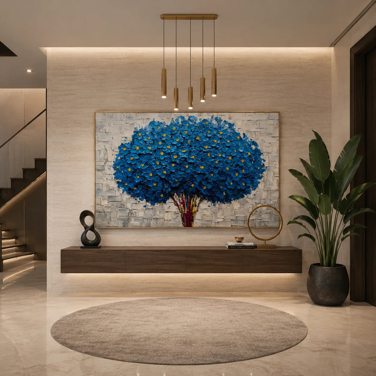Blue Flower Bouquet Hand-Painted Oil Painting, Textured Floral Wall Art for Modern Home Decor # OA 1055