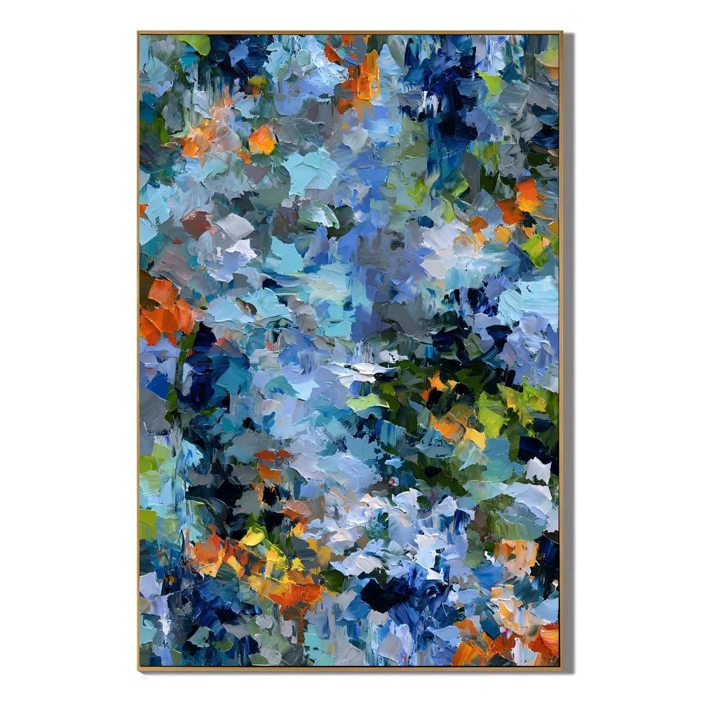 Blue Green Abstract Garden Hand-Painted Oil Painting | Textured Palette Knife Floral Wall Art with Orange Accents for Modern Interiors