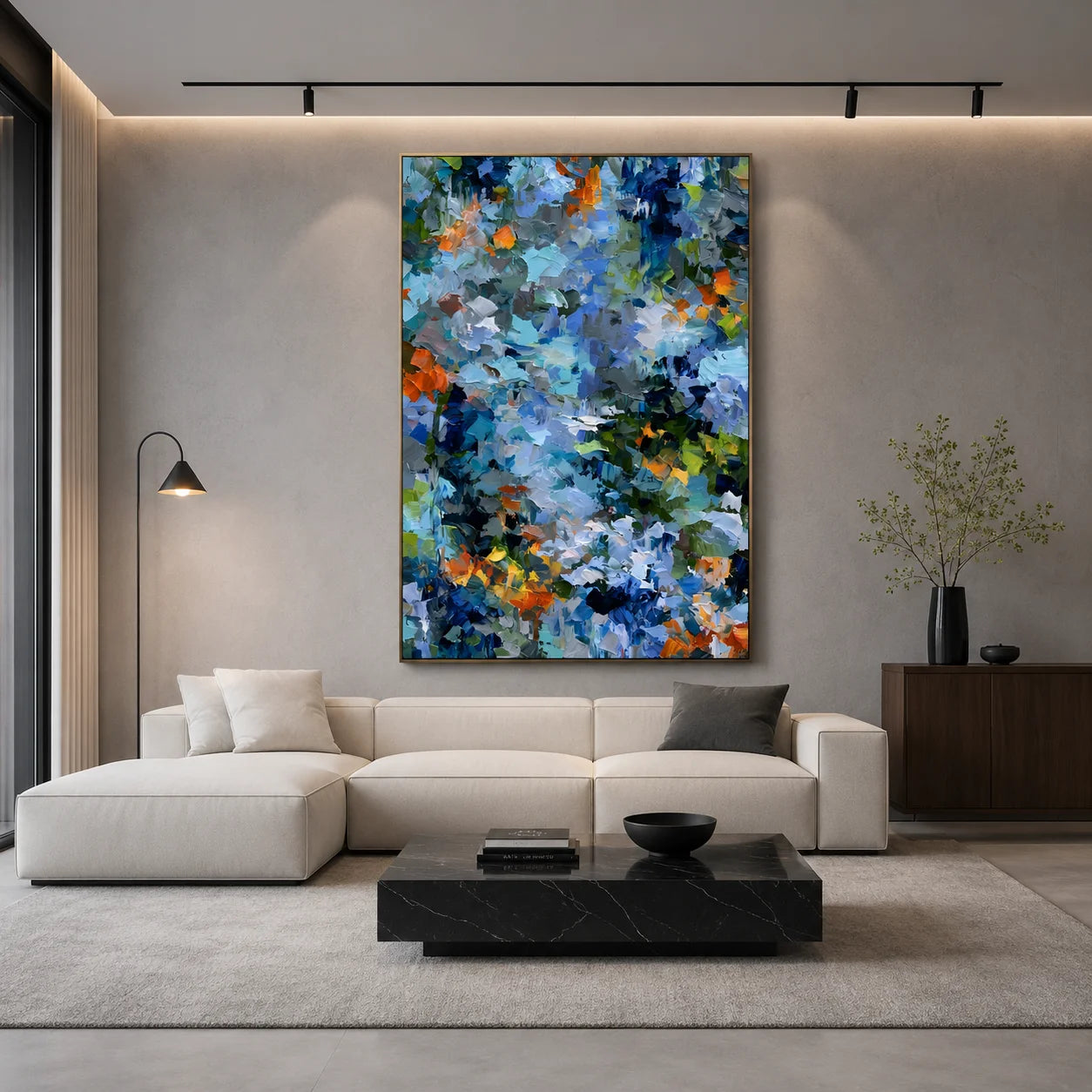 Blue Green Abstract Garden Hand-Painted Oil Painting | Textured Palette Knife Floral Wall Art with Orange Accents for Modern Interiors
