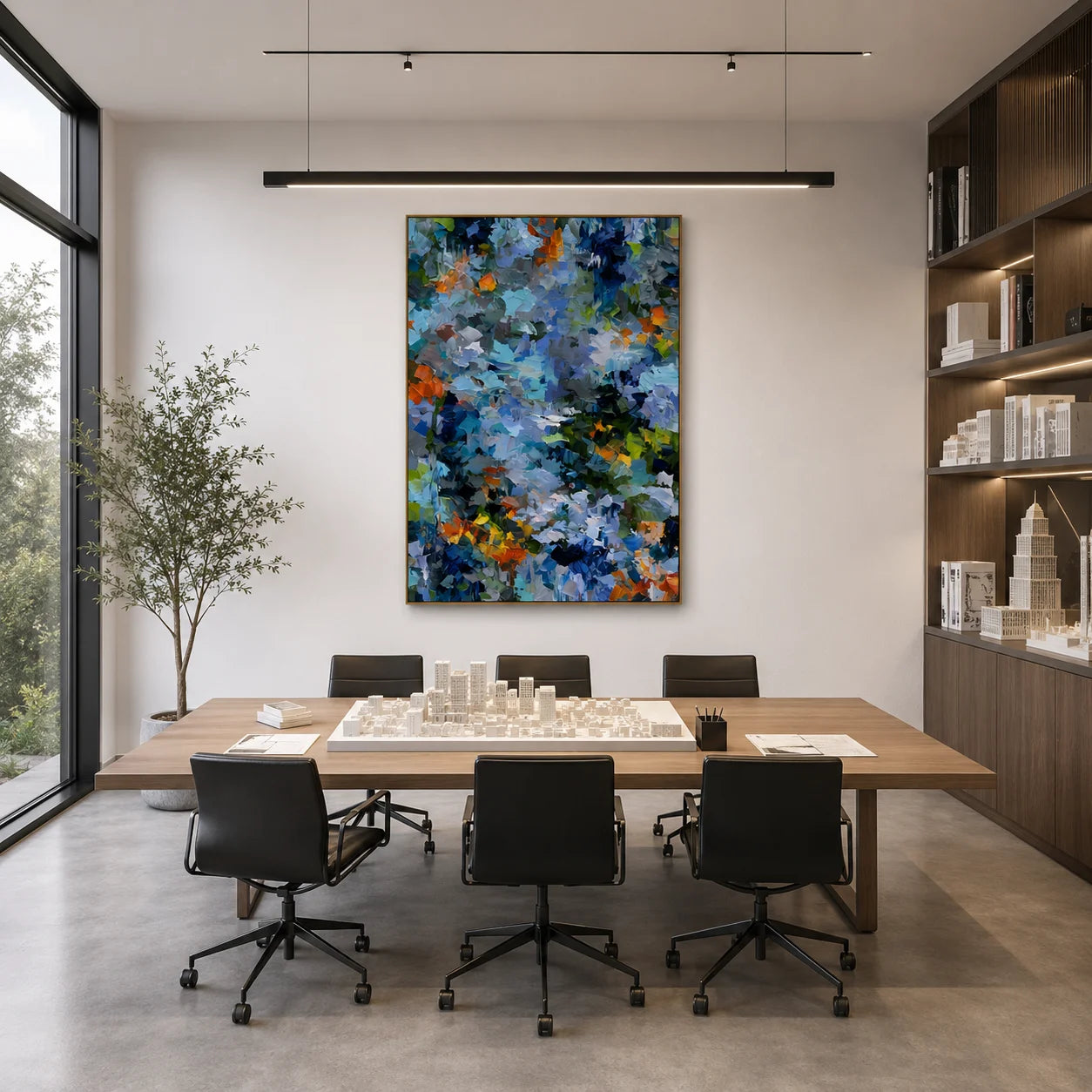 Blue Green Abstract Garden Hand-Painted Oil Painting | Textured Palette Knife Floral Wall Art with Orange Accents for Modern Interiors