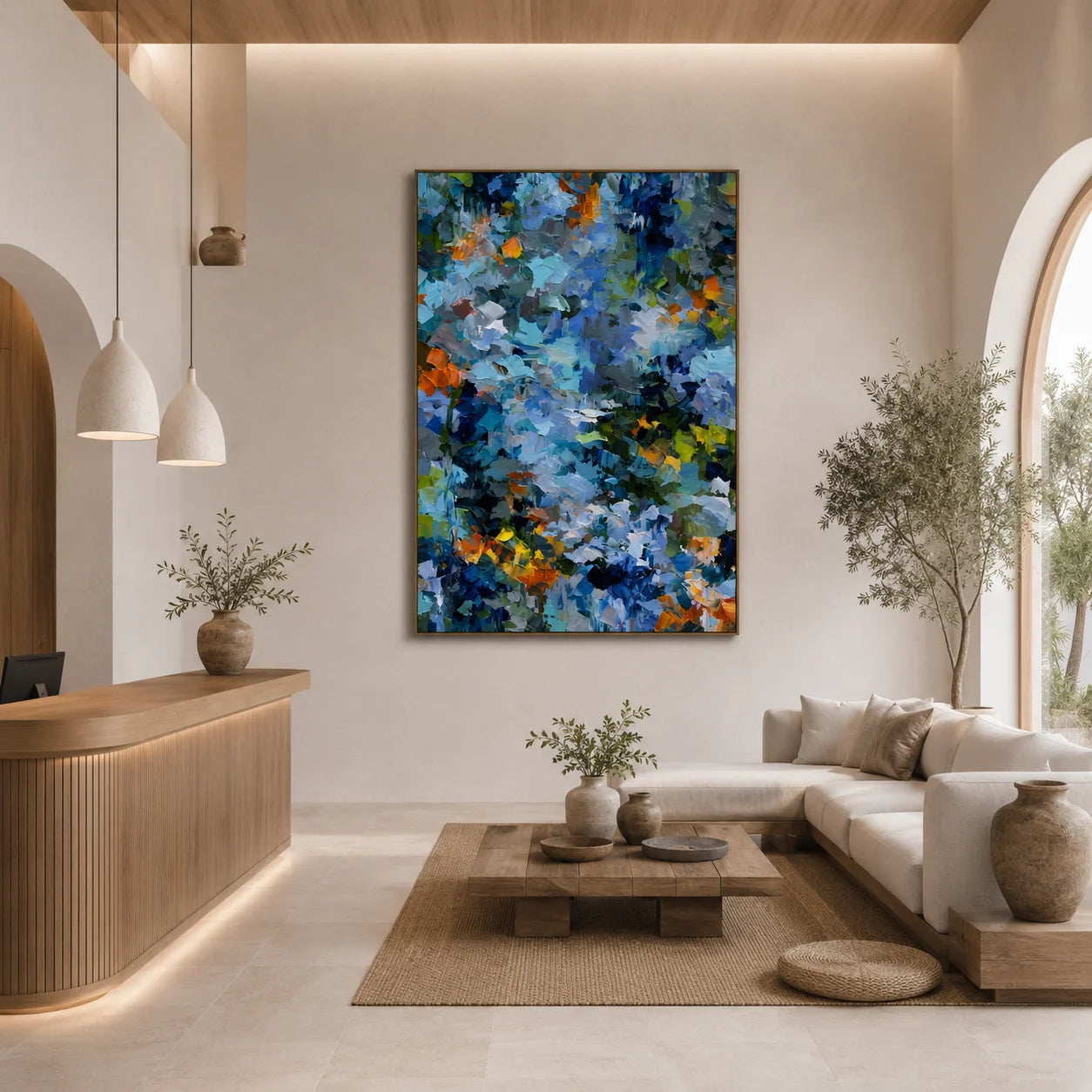 Blue Green Abstract Garden Hand-Painted Oil Painting | Textured Palette Knife Floral Wall Art with Orange Accents for Modern Interiors
