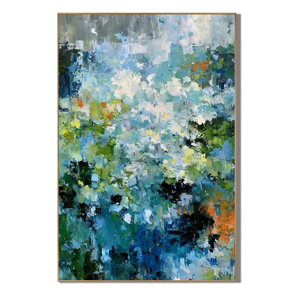 Blue Green Abstract Garden Oil Painting – Vertical Impasto Botanical Wall Art # OA 1198