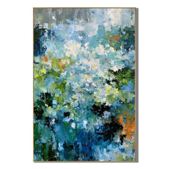 Blue Green Abstract Garden Oil Painting – Vertical Impasto Botanical Wall Art # OA 1198