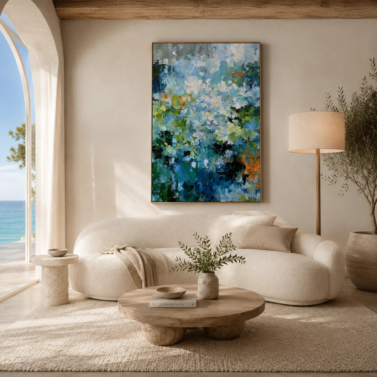 Blue Green Abstract Garden Oil Painting – Vertical Impasto Botanical Wall Art # OA 1198