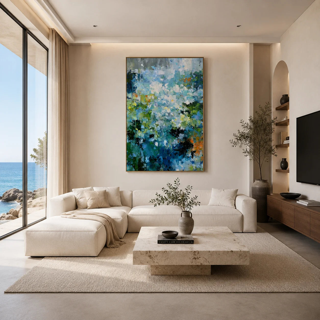 Blue Green Abstract Garden Oil Painting – Vertical Impasto Botanical Wall Art # OA 1198
