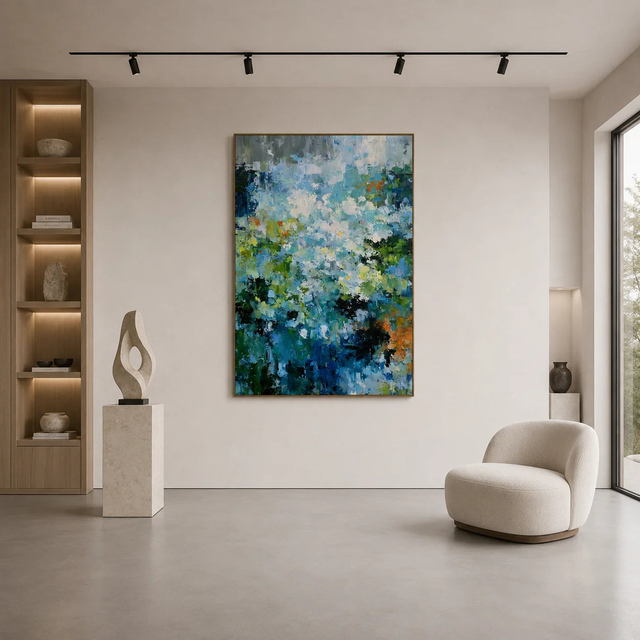 Blue Green Abstract Garden Oil Painting – Vertical Impasto Botanical Wall Art # OA 1198