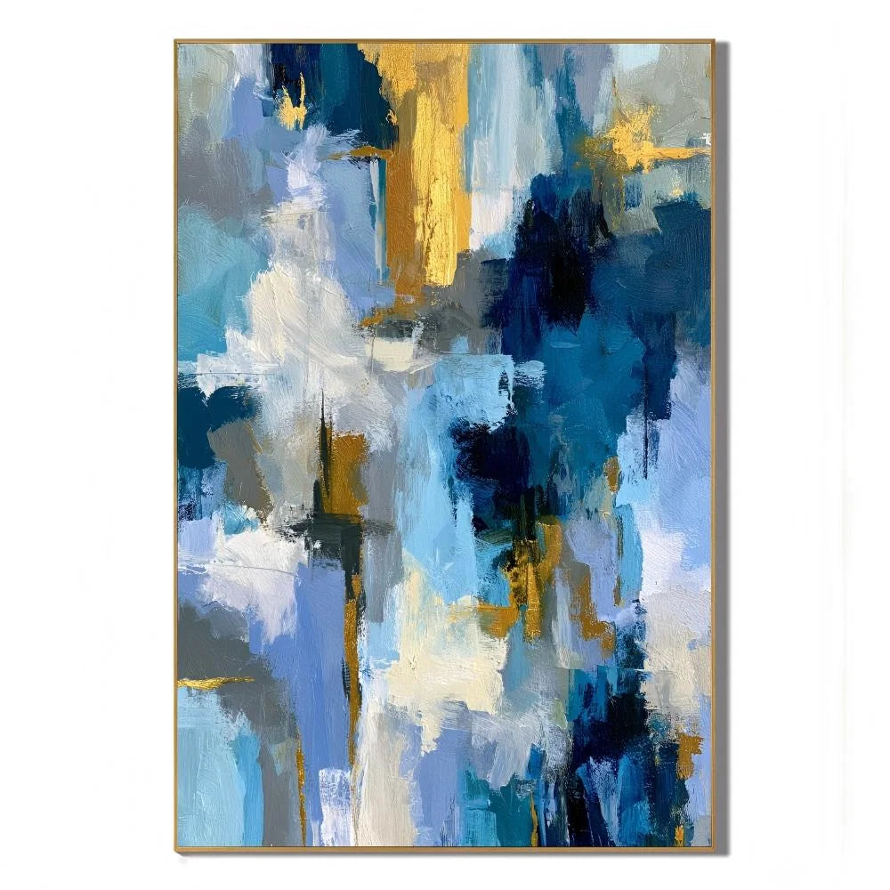Blue White and Gold Modern Abstract Hand-Painted Oil Painting | Luxury Contemporary Wall Art for Living Room, Bedroom and Entryway