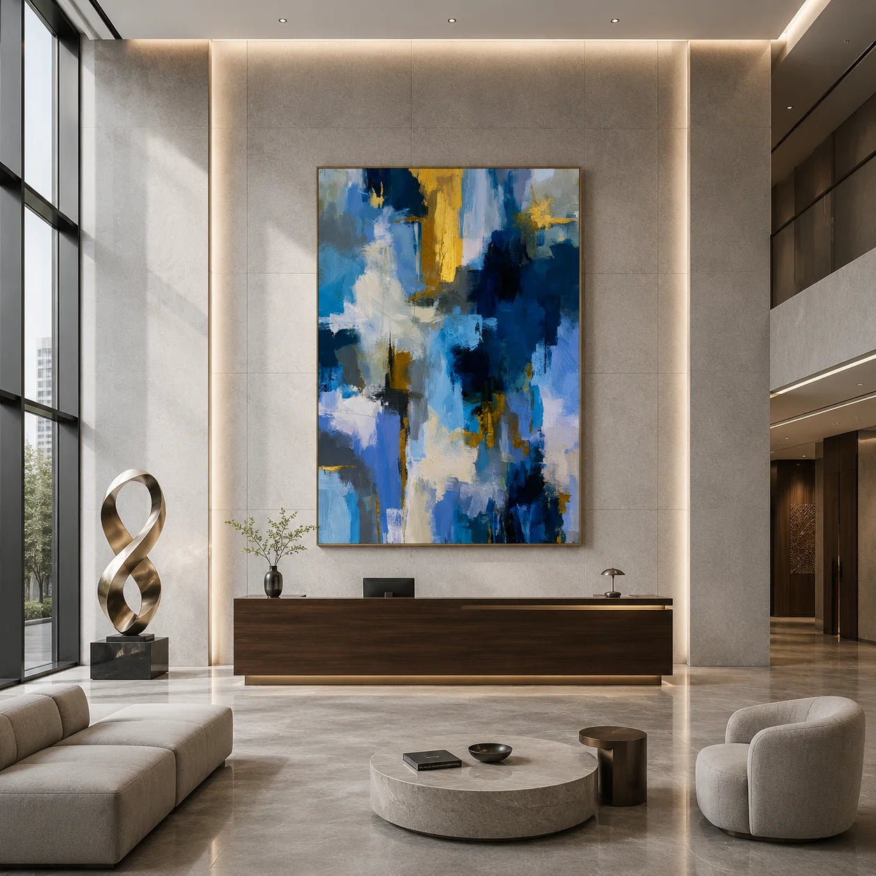 Blue White and Gold Modern Abstract Hand-Painted Oil Painting | Luxury Contemporary Wall Art for Living Room, Bedroom and Entryway