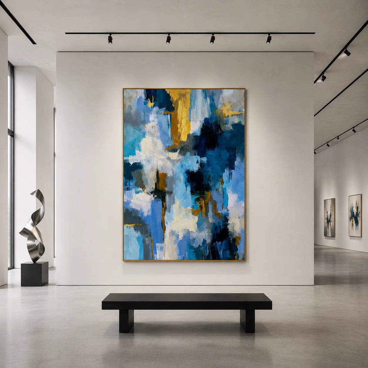 Blue White and Gold Modern Abstract Hand-Painted Oil Painting | Luxury Contemporary Wall Art for Living Room, Bedroom and Entryway