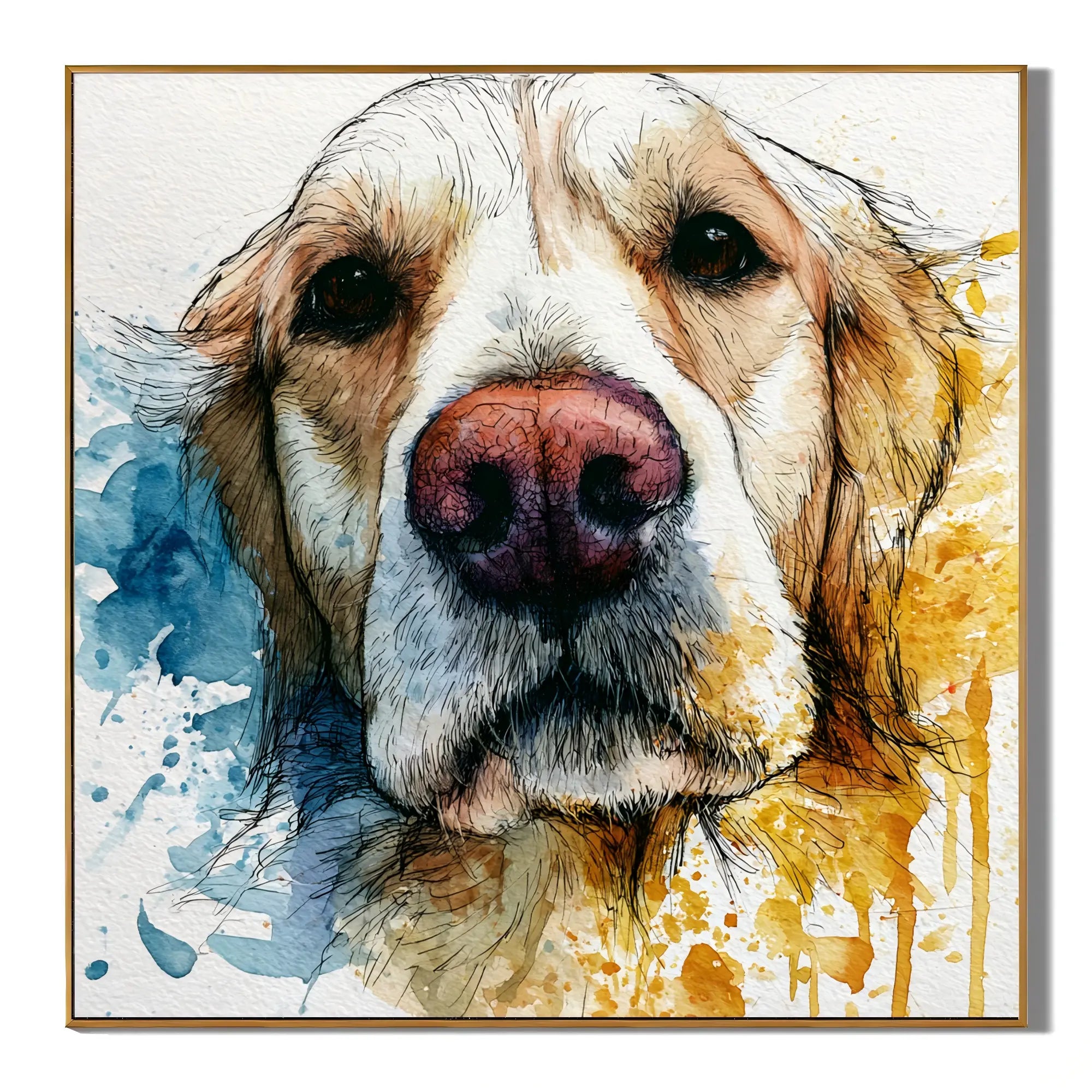 Blue and Gold Golden Retriever Portrait Hand-Painted Oil Painting | Modern Watercolor-Inspired Dog Wall Art for Living Room and Bedroom # OA 1127