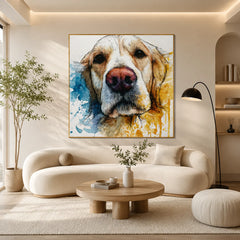 Blue and Gold Golden Retriever Portrait Hand-Painted Oil Painting | Modern Watercolor-Inspired Dog Wall Art for Living Room and Bedroom # OA 1127