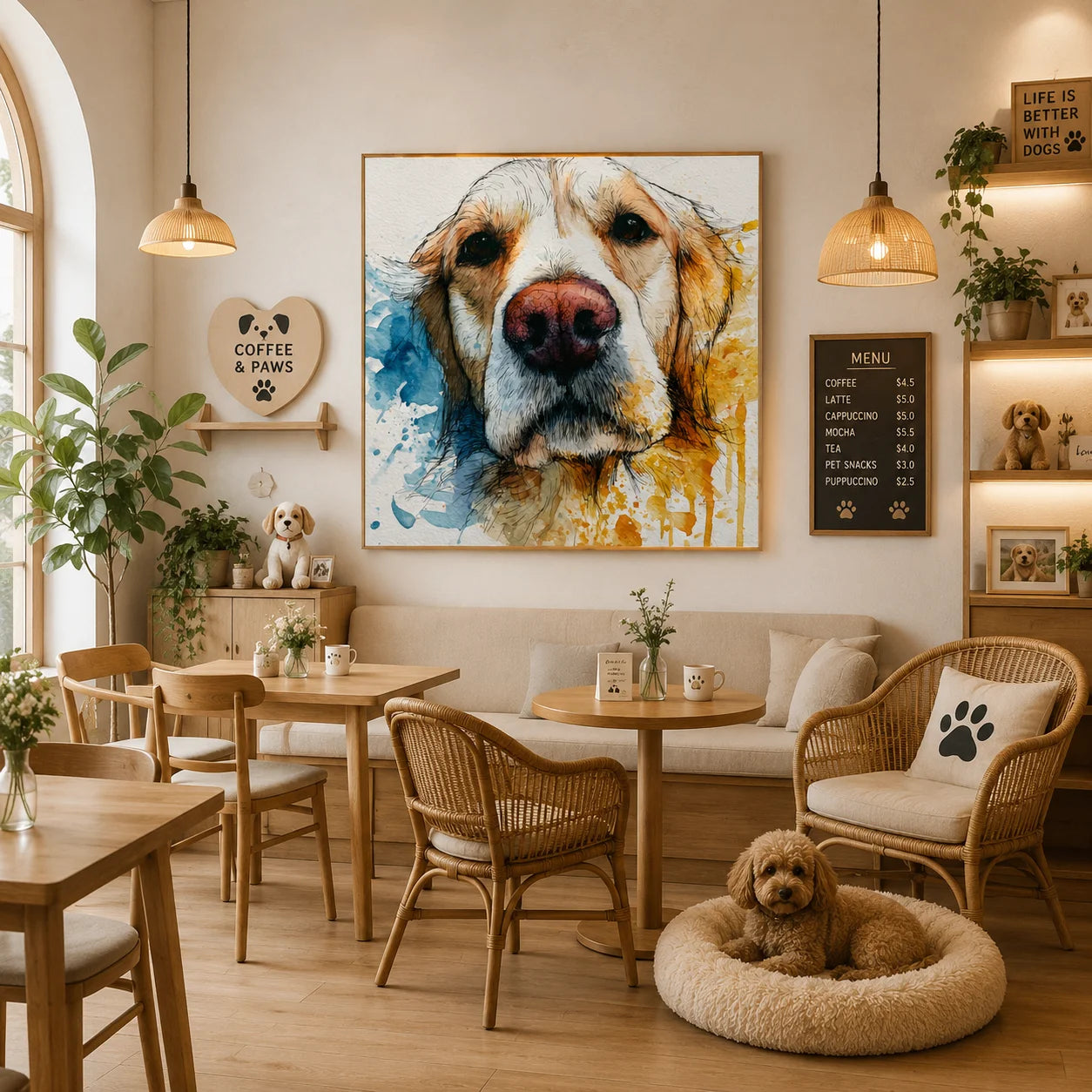 Blue and Gold Golden Retriever Portrait Hand-Painted Oil Painting | Modern Watercolor-Inspired Dog Wall Art for Living Room and Bedroom