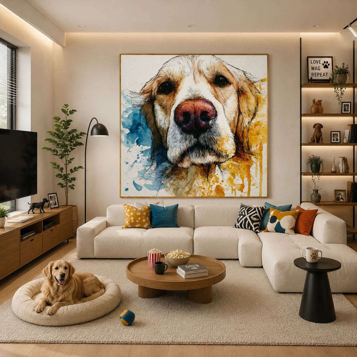 Blue and Gold Golden Retriever Portrait Hand-Painted Oil Painting | Modern Watercolor-Inspired Dog Wall Art for Living Room and Bedroom