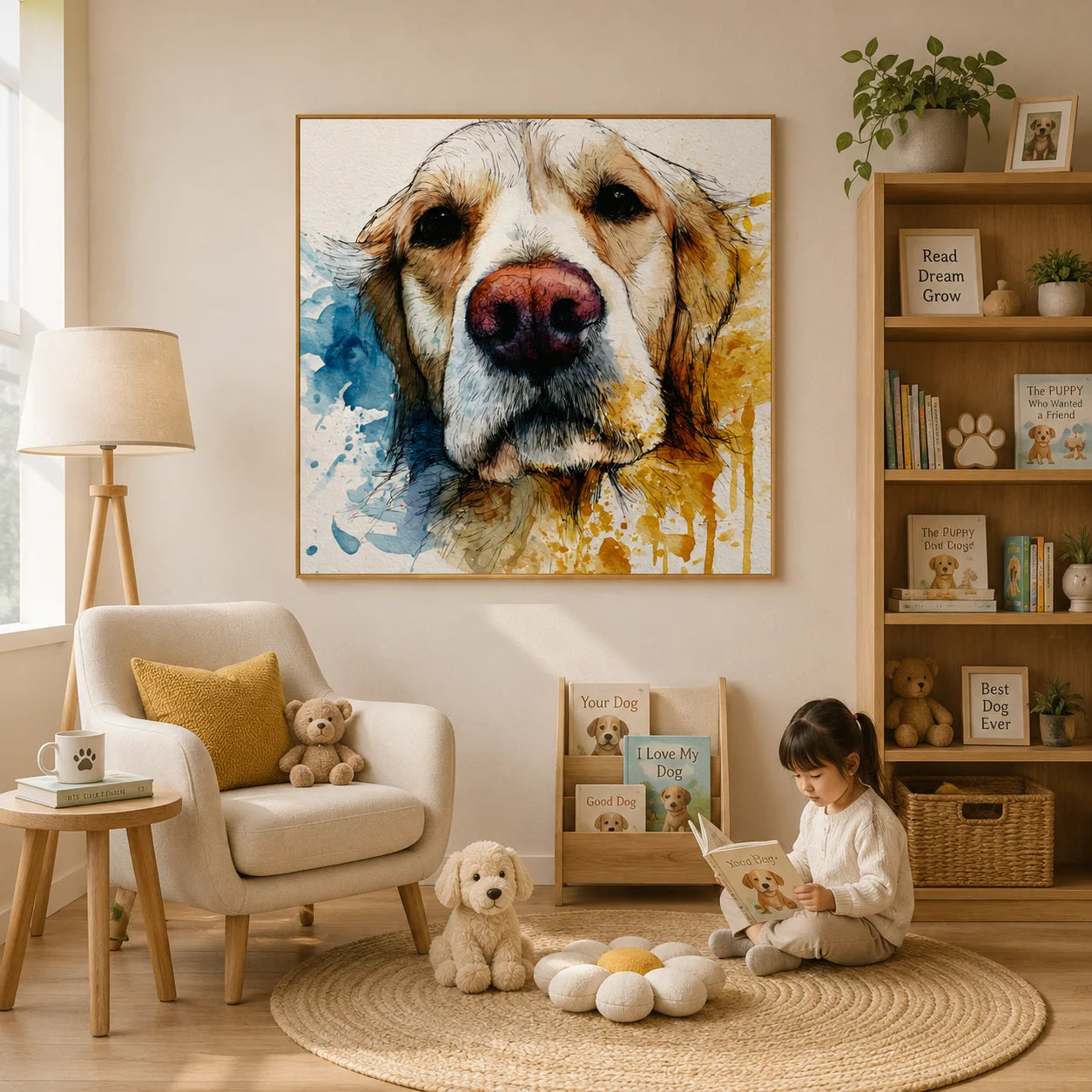 Blue and Gold Golden Retriever Portrait Hand-Painted Oil Painting | Modern Watercolor-Inspired Dog Wall Art for Living Room and Bedroom
