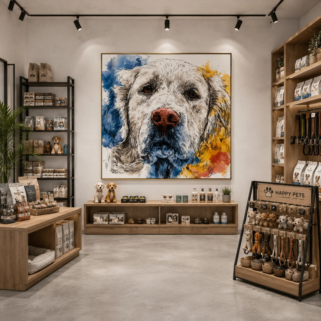 Blue and Yellow Cream Golden Retriever Portrait Hand-Painted Oil Painting | Modern Watercolor-Inspired Dog Wall Art for Living Room and Bedroom