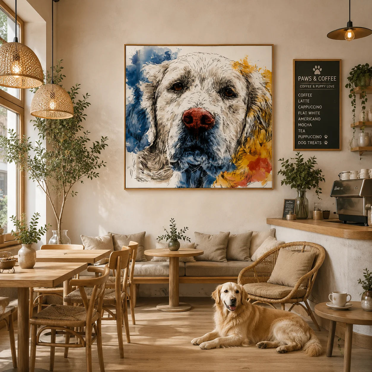 Blue and Yellow Cream Golden Retriever Portrait Hand-Painted Oil Painting | Modern Watercolor-Inspired Dog Wall Art for Living Room and Bedroom