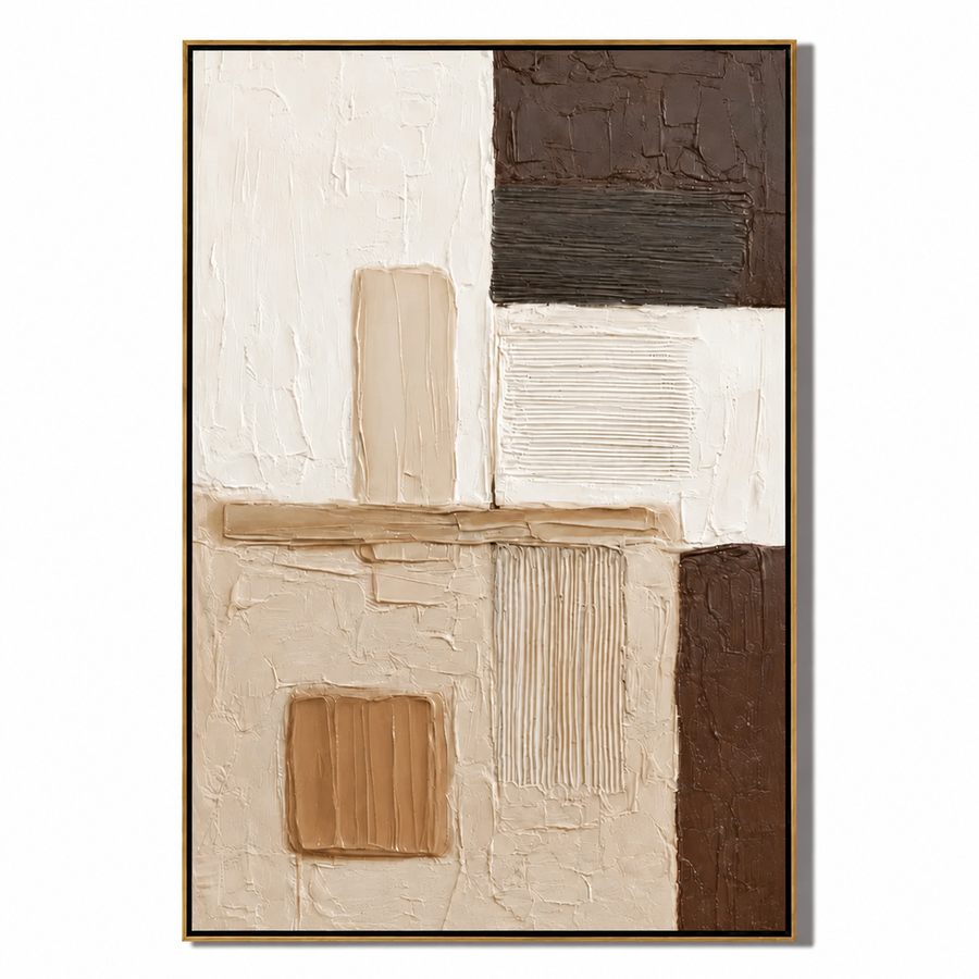 Brown and Cream Abstract Hand-Painted Oil Painting | Textured Geometric Wall Art for Modern Minimalist Decor #OA 0919