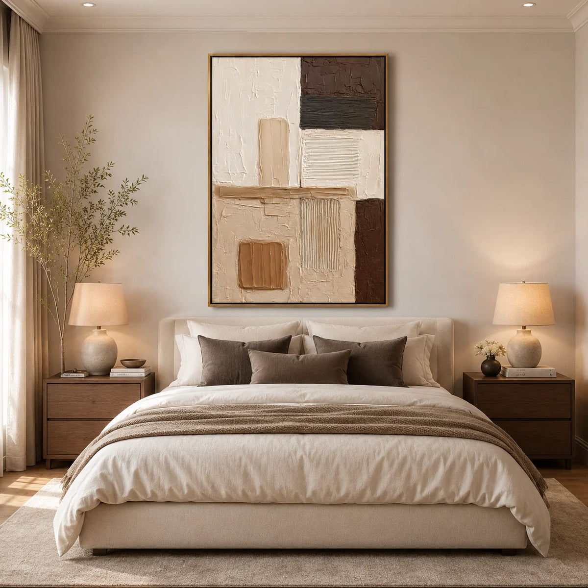 Brown and Cream Abstract Hand-Painted Oil Painting | Textured Geometric Wall Art for Modern Minimalist Decor