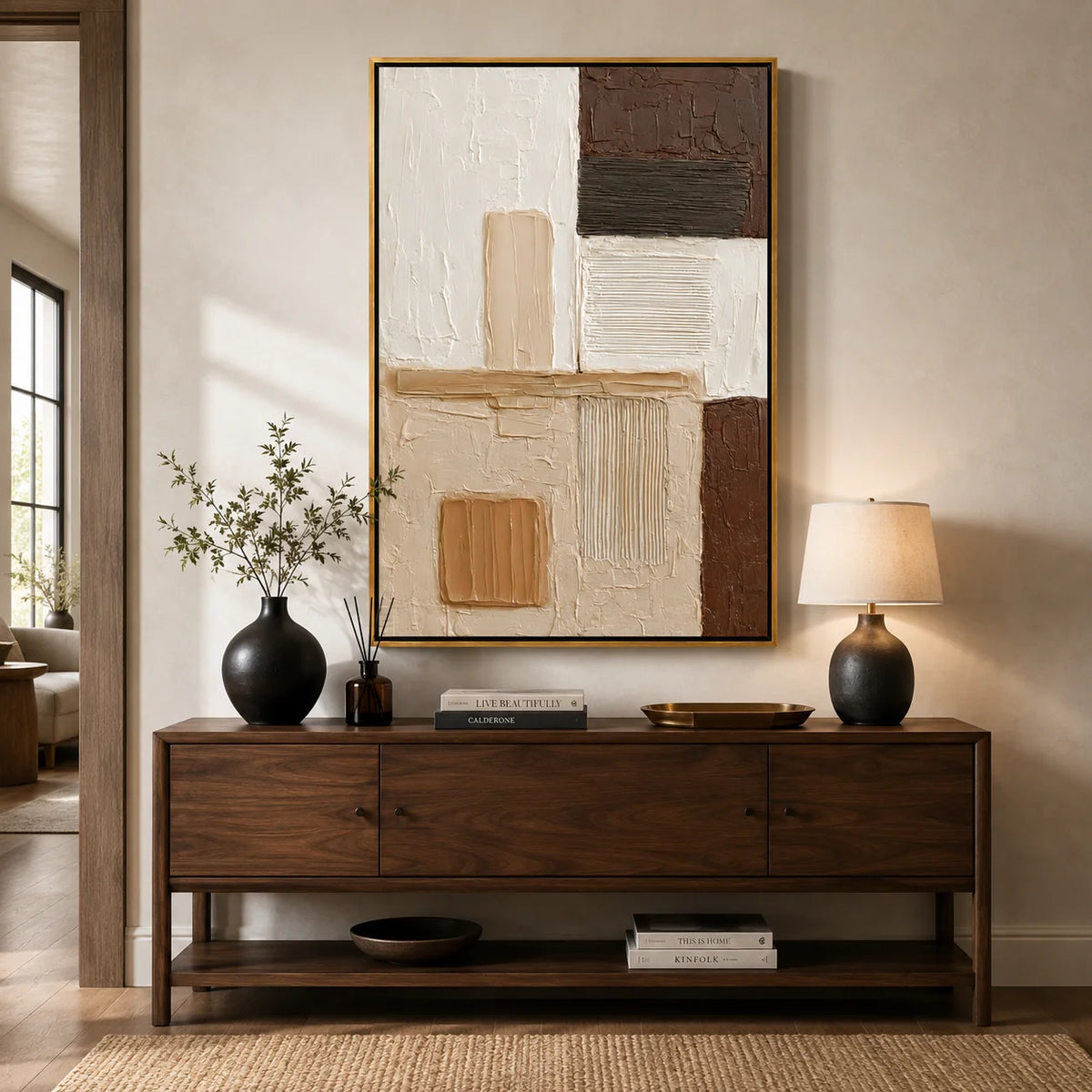 Brown and Cream Abstract Hand-Painted Oil Painting | Textured Geometric Wall Art for Modern Minimalist Decor