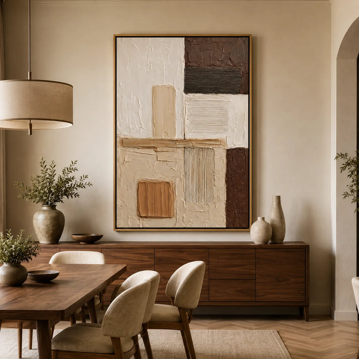 Brown and Cream Abstract Hand-Painted Oil Painting | Textured Geometric Wall Art for Modern Minimalist Decor