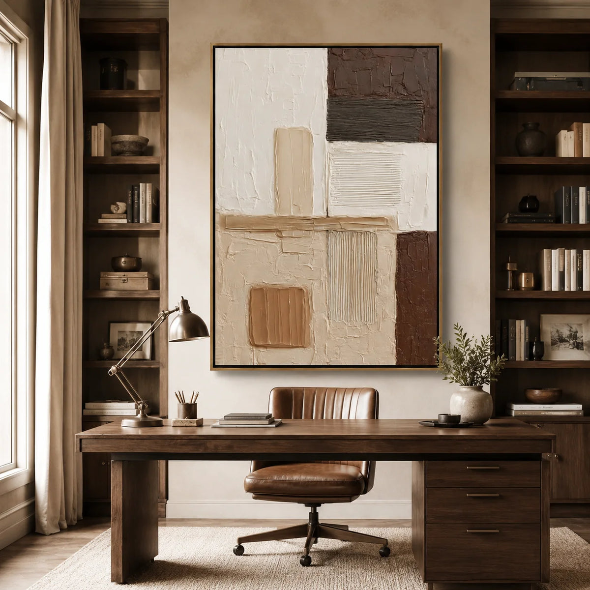 Brown and Cream Abstract Hand-Painted Oil Painting | Textured Geometric Wall Art for Modern Minimalist Decor