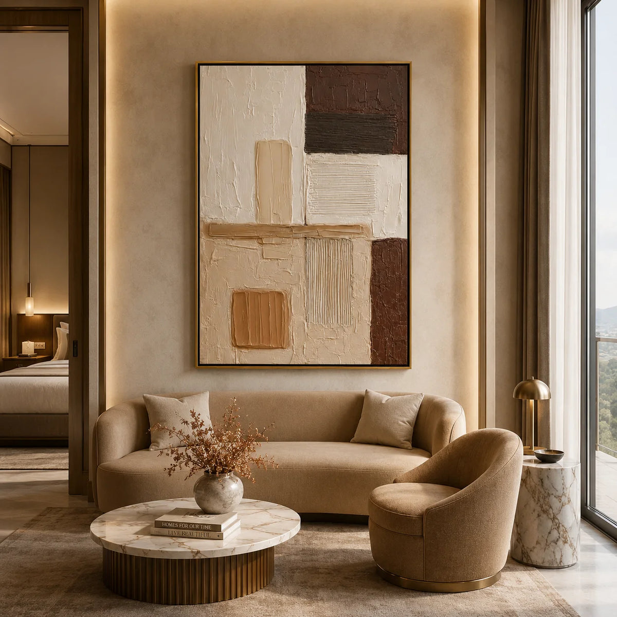 Brown and Cream Abstract Hand-Painted Oil Painting | Textured Geometric Wall Art for Modern Minimalist Decor #OA 0919