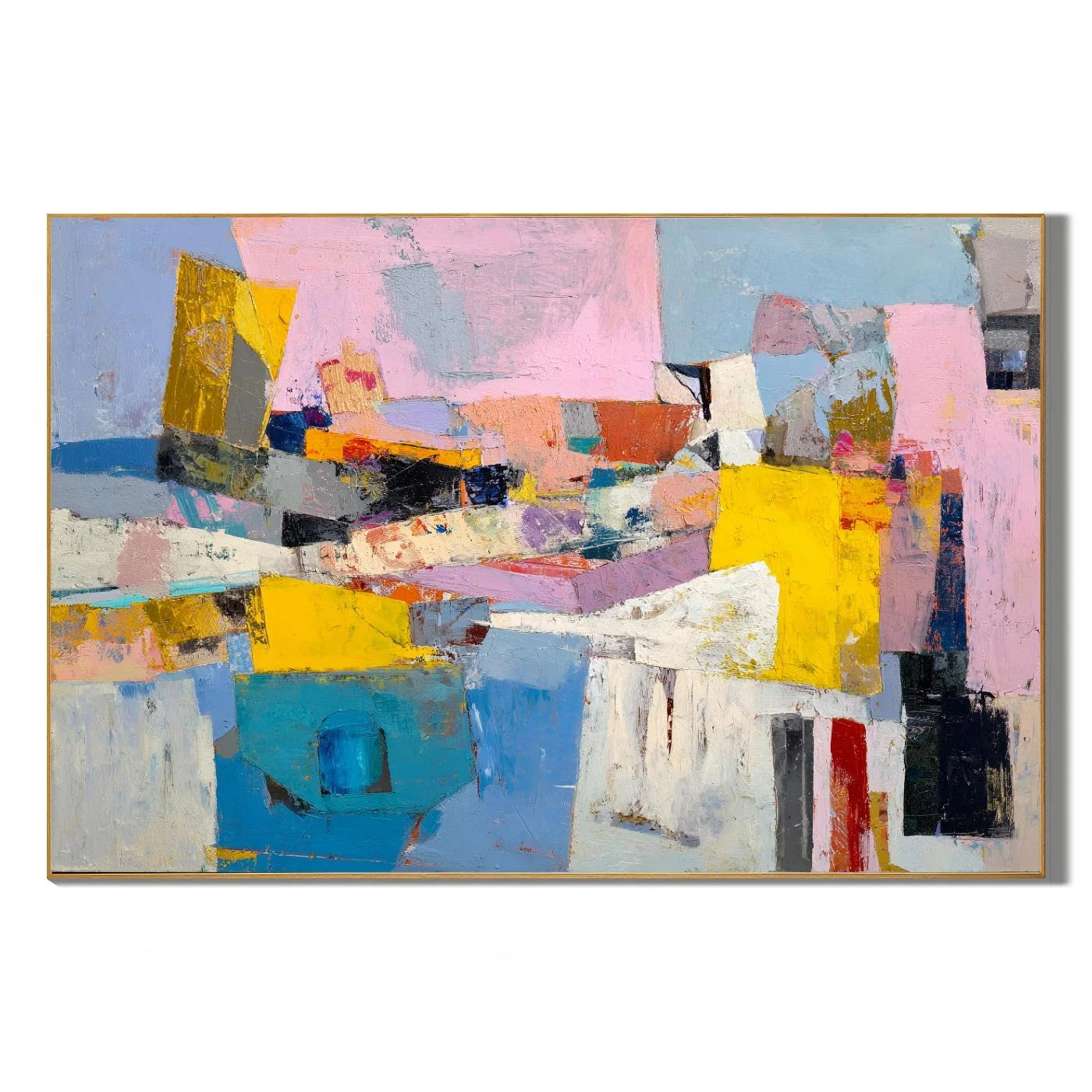 Colorful Abstract Cityscape Hand-Painted Oil Painting, Modern Geometric Wall Art for Home Decor