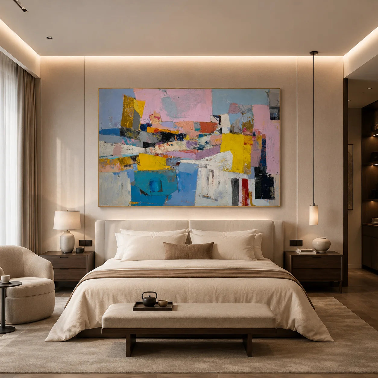 Colorful Abstract Cityscape Hand-Painted Oil Painting, Modern Geometric Wall Art for Home Decor