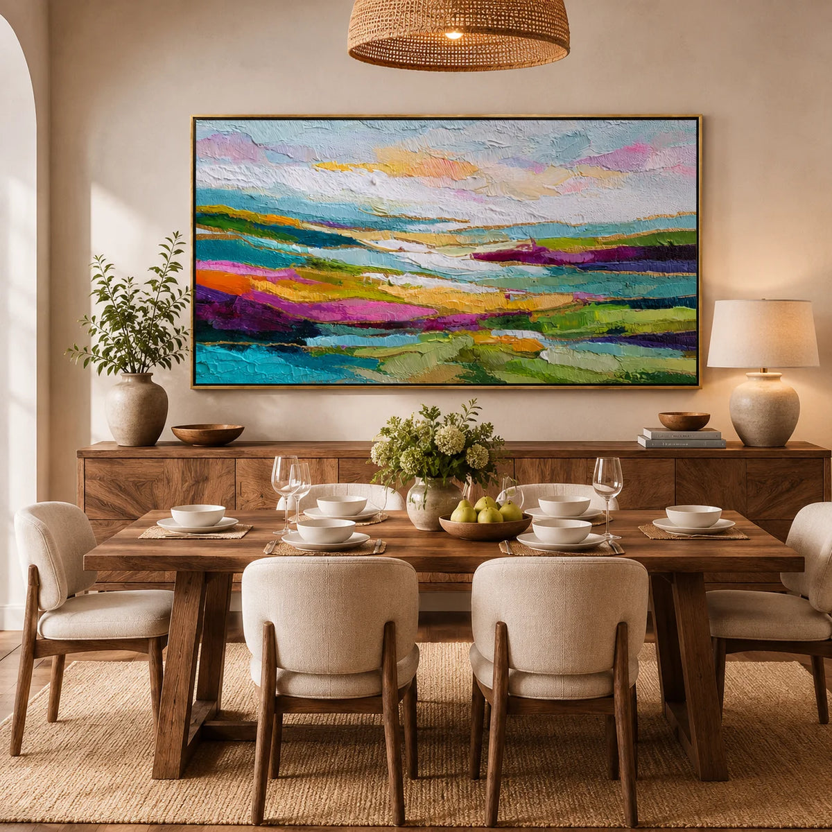 Colorful Abstract Landscape Hand-Painted Oil Painting | Large Horizontal Wall Art for Living Room & Bedroom