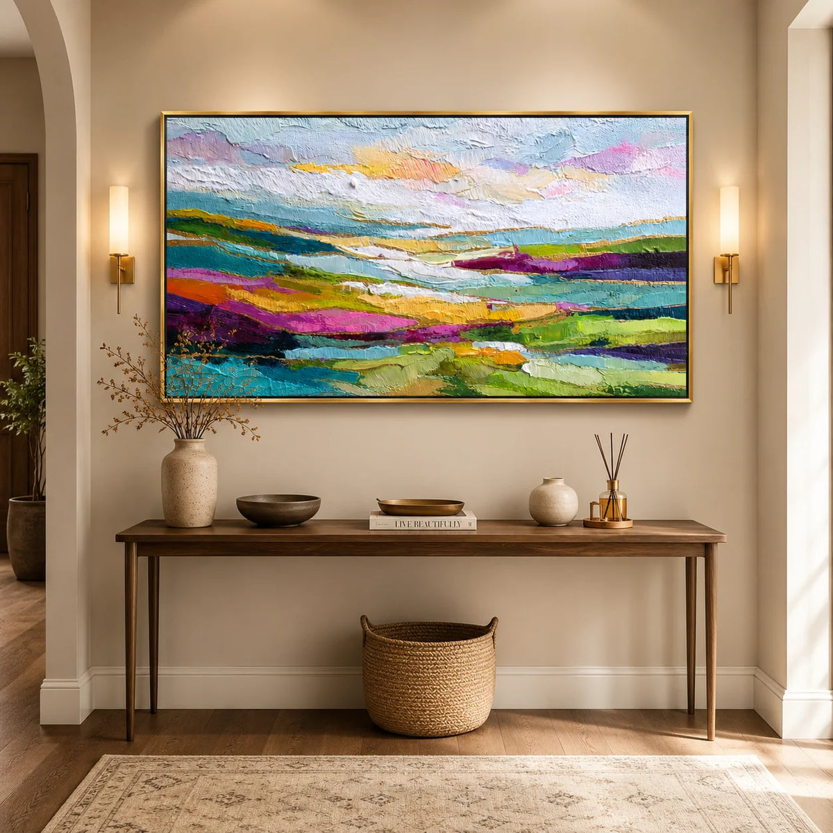 Colorful Abstract Landscape Hand-Painted Oil Painting | Large Horizontal Wall Art for Living Room & Bedroom