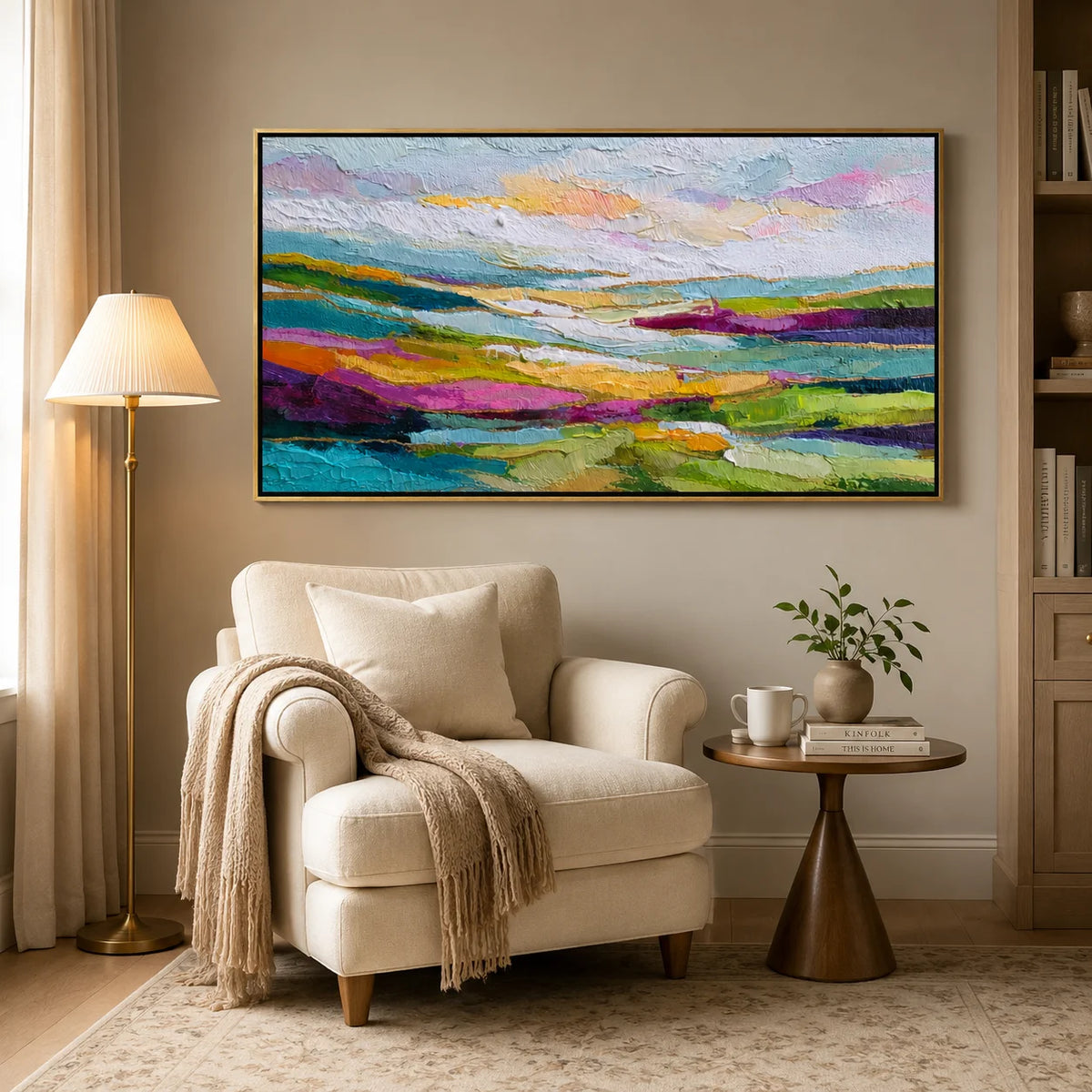 Colorful Abstract Landscape Hand-Painted Oil Painting | Large Horizontal Wall Art for Living Room & Bedroom