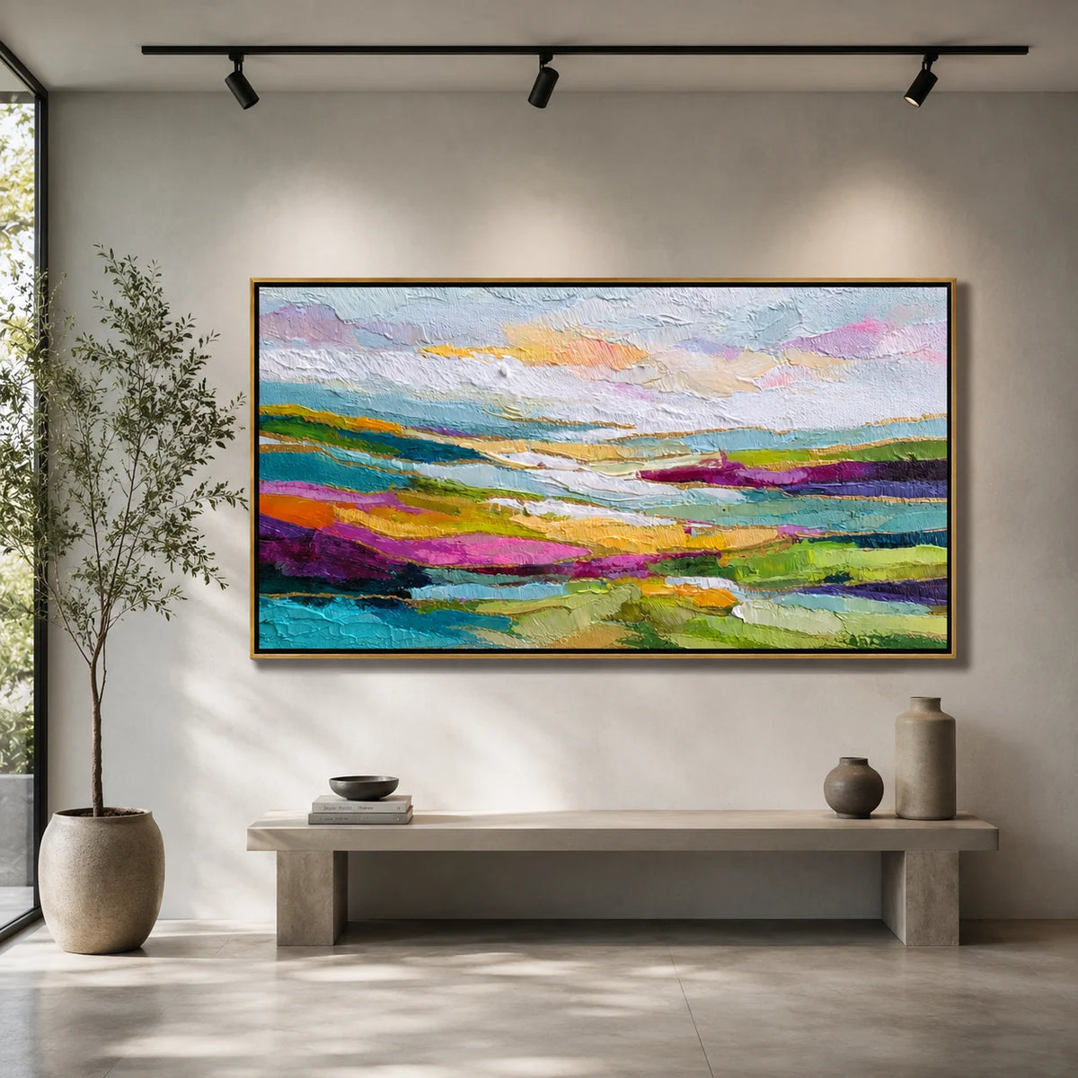 Colorful Abstract Landscape Hand-Painted Oil Painting | Large Horizontal Wall Art for Living Room & Bedroom