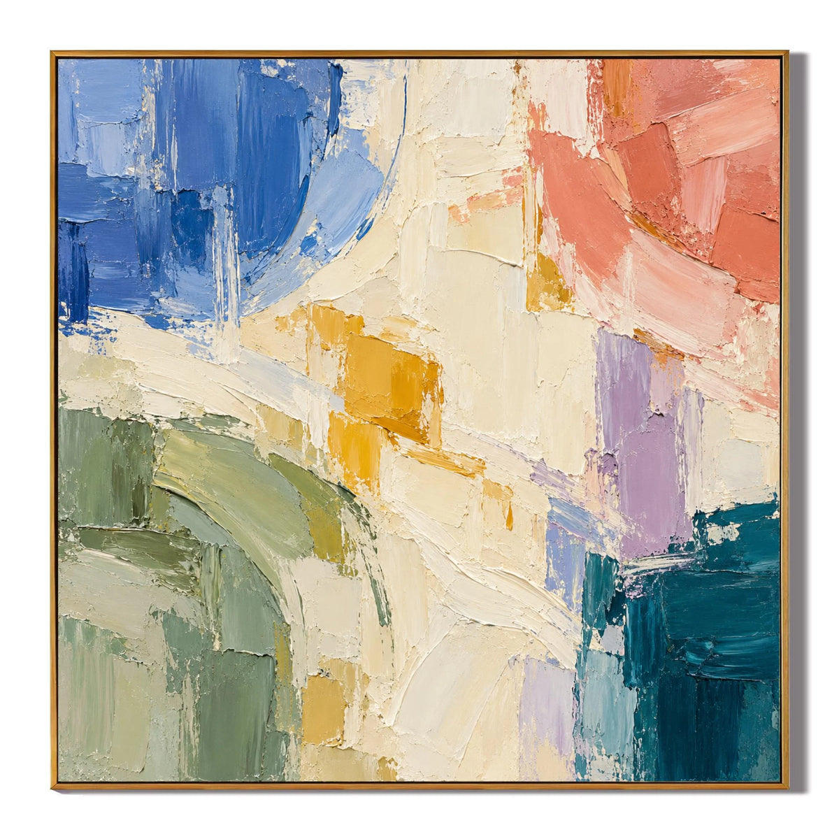 Ownanart Colorful Abstract Oil Painting – Hand-Painted Impasto Canvas Wall Art in Blue, Coral and Sage Green