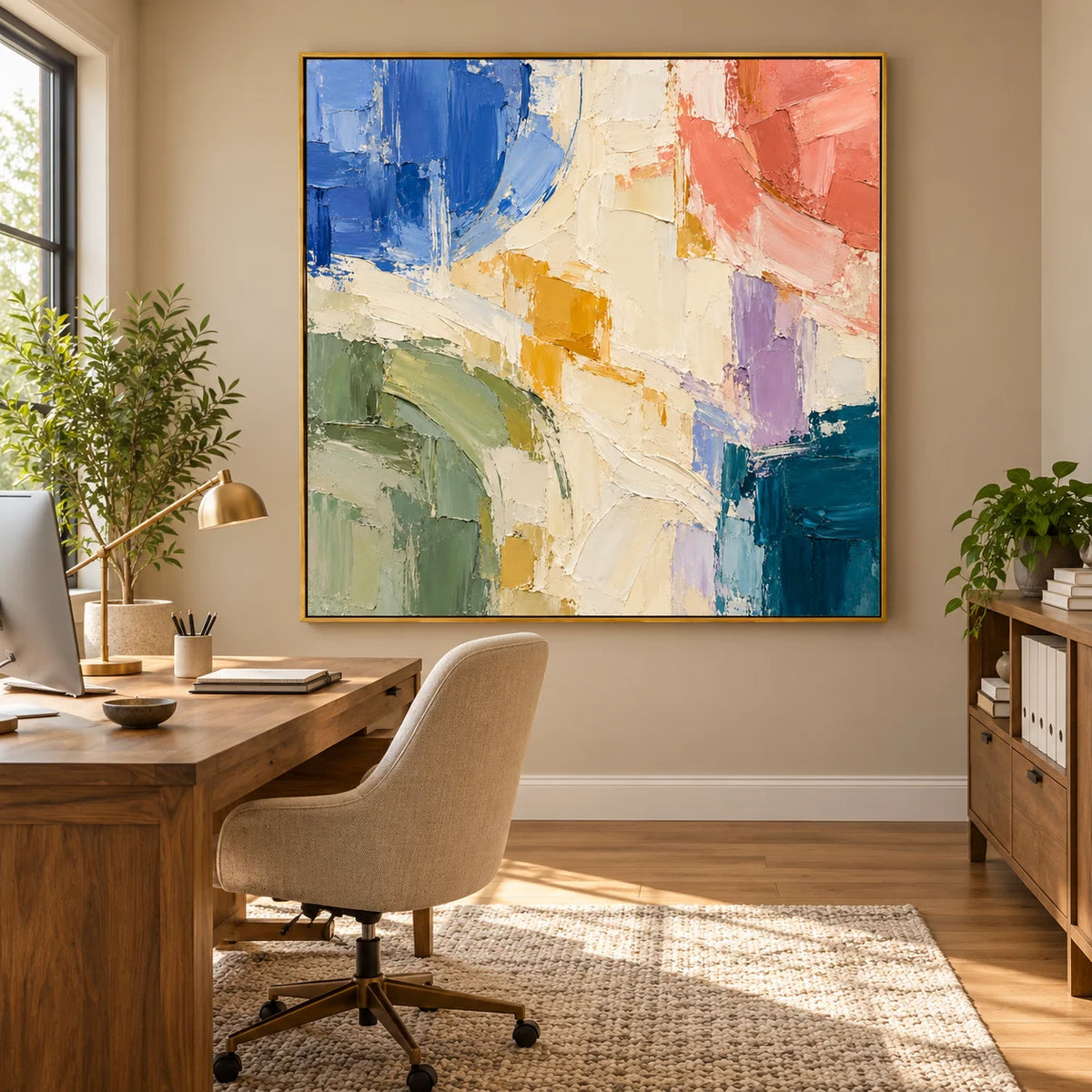 Ownanart Colorful Abstract Oil Painting – Hand-Painted Impasto Canvas Wall Art in Blue, Coral and Sage Green