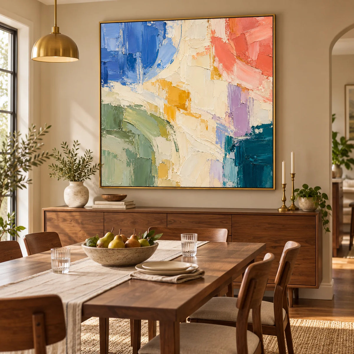 Ownanart Colorful Abstract Oil Painting – Hand-Painted Impasto Canvas Wall Art in Blue, Coral and Sage Green